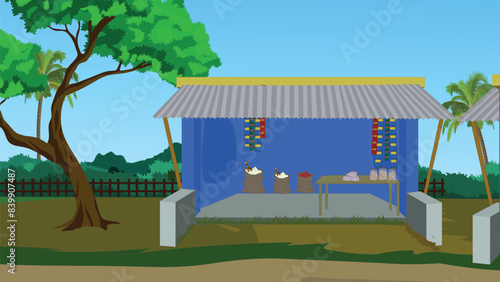 Indian village grocery shop for cartoon. Asian rural food store vector illustration