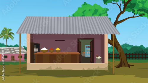 Indian village grocery store background. Indian rural village road. Asian food shop landscape