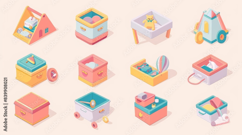 Isometric set of colorful toy boxes with various objects inside. Isometric set of colorful toy boxes with various objects inside.