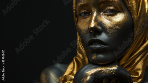 a woman's face with Golden glowing skin and closed eyes on a black background. : Generative AI