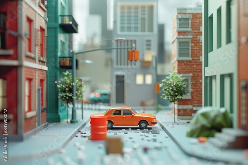 A small orange car is parked on a city street next to a red barrel photo