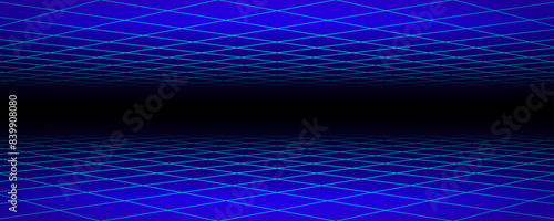 Glowing neon wireframe background. Blue diagonal checkered grid planes in perspective. Bright retro futuristic horizon wallpaper. Arcade game sci fi matrix surface. Vector backdrop for poster, banner