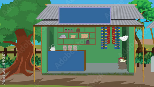 Indian village tea stall. Asian rural village rustic grocery shop. countryside food store vector illustration for cartoon animation