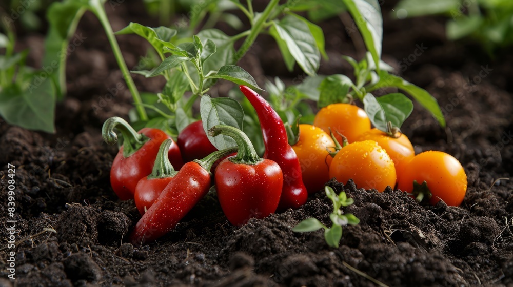 red chili peppers and orange habaneros in the garden soil generative ai red chili peppers and orange habaneros in the garden soil generative ai