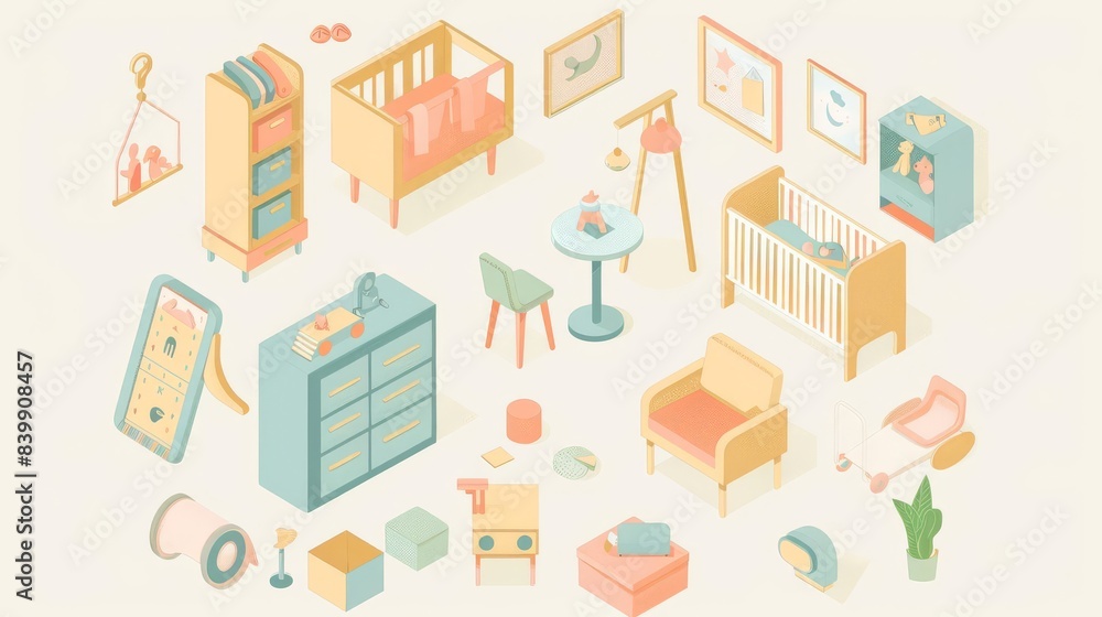 Isometric illustration of various nursery furniture and decor. Isometric illustration of various nursery furniture and decor.
