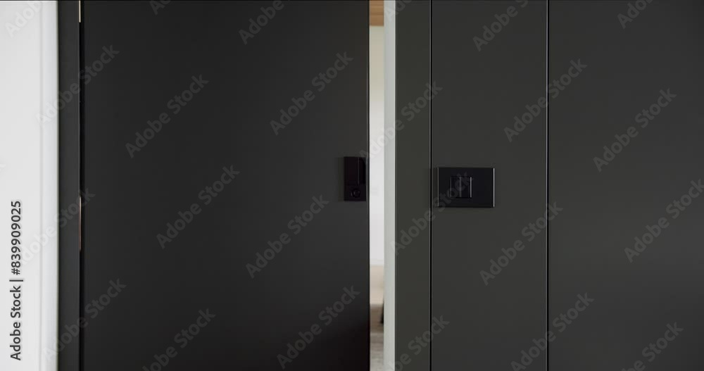 The door closes in a modern room. Gray background texture board. Wooden panels in modern room. Empty room and wood panels wall background. Gray and black panels in modern minimalist interior. The door closes in a modern room. Gray background texture board. Wooden panels in modern room. Empty room and wood panels wall background. Gray and black panels in modern minimalist interior.