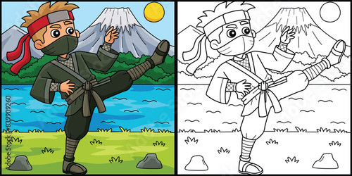 Ninja Doing Martial Arts Coloring Illustration photo