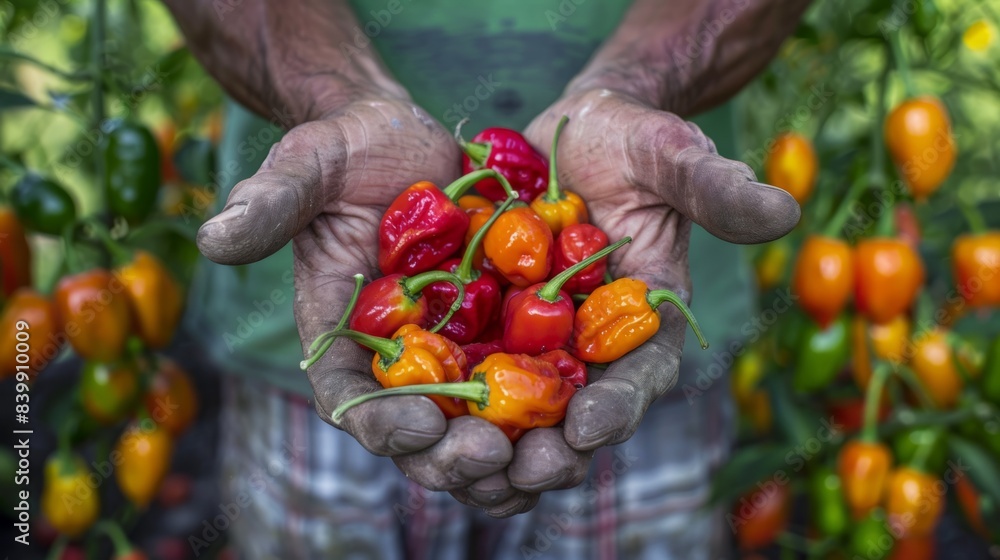 farmer holding red chili peppers and orange habaneros generative ai farmer holding red chili peppers and orange habaneros generative ai
