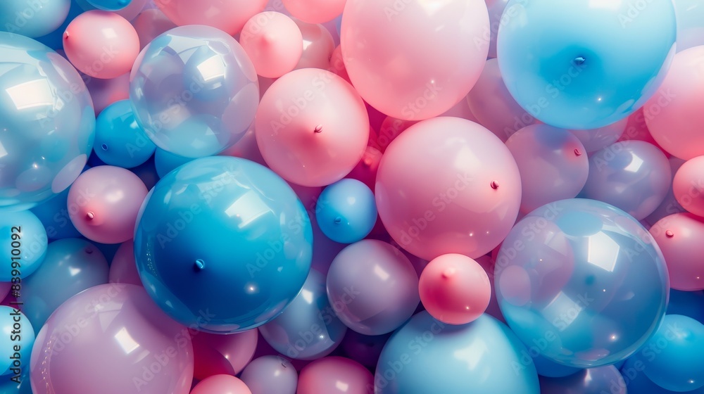 Close-up of pastel balloons in various shades of blue, pink, and light pink, each with a visible center hole, colorful and festive