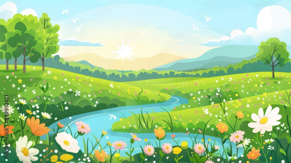 Fototapeta premium Spring landscape, with illustrations of a countryside landscape, with fields of flowers, a meandering stream, and blue skies