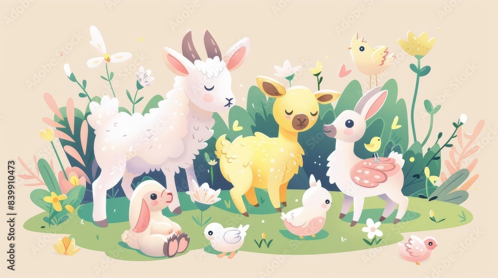 Springtime animals, with illustrations of baby animals like lambs, chicks, and fawns, symbolizing new life and growth Springtime animals, with illustrations of baby animals like lambs, chicks, and fawns, symbolizing new life and growth