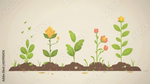 Garden growth, with illustrations of plants sprouting, growing, and blooming in a garden setting