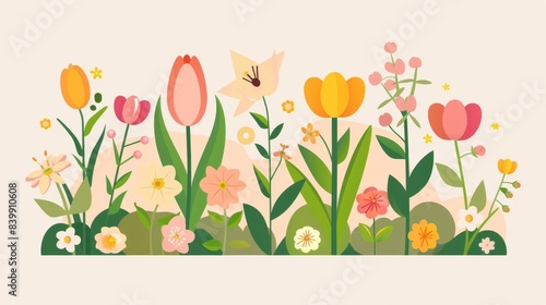 Blooming flowers, with illustrations of various flowers blooming, such as tulips, daffodils, and cherry blossoms