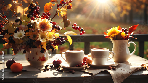 Autumn sunlight autumn breakfast cup of coffee autumn fruits autumn flowers fotography photo