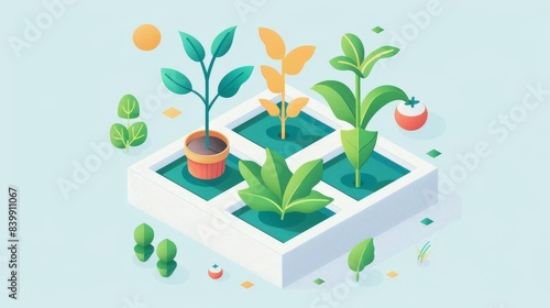 Garden growth, with illustrations of plants sprouting, growing, and blooming in a garden setting