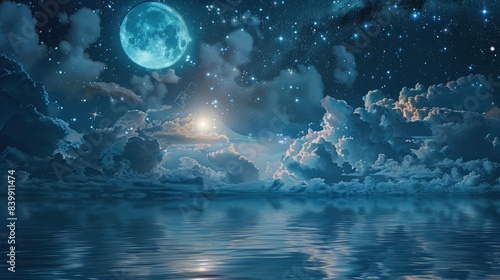 Romantic Moon With Clouds And Starry Sky Over Sparkling Blue Water  generative ai