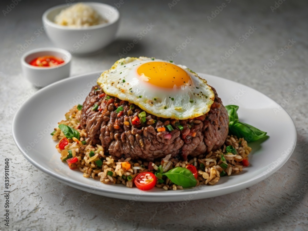 Delicious minced Beef with basil fried rice, fried egg, white plate, White background. Delicious minced Beef with basil fried rice, fried egg, white plate, White background.