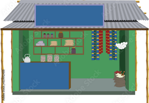 Indian village tea stall isolated white background clipart for cartoon animation. village grocery shop
