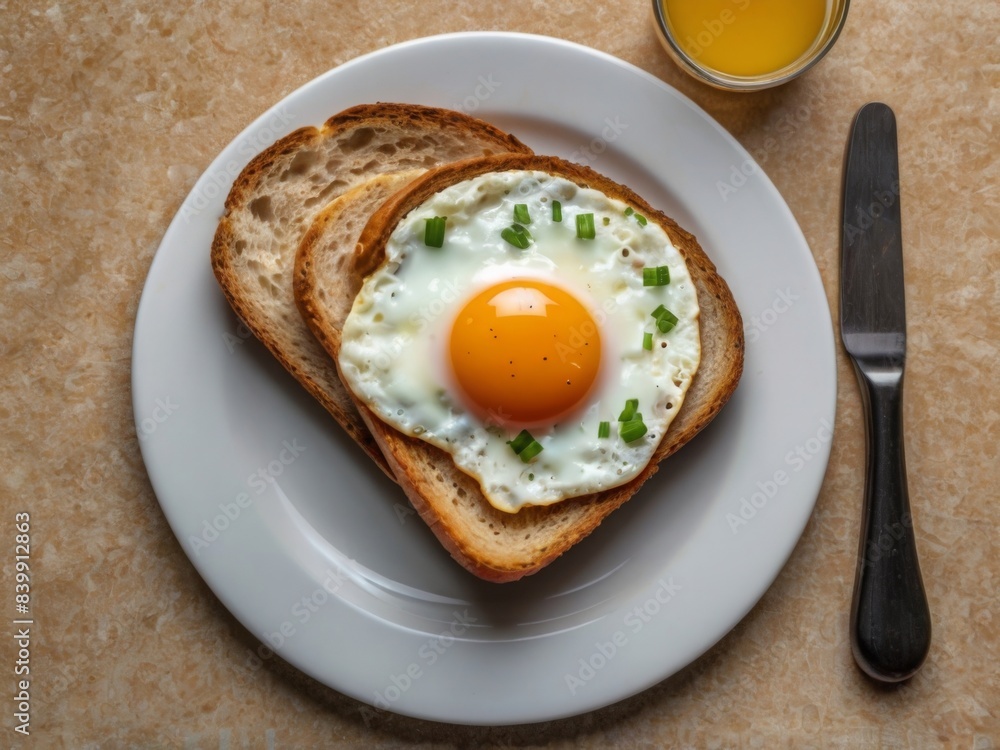 Fresh Bread with delicious fried egg on white plate on white background Fresh Bread with delicious fried egg on white plate on white background