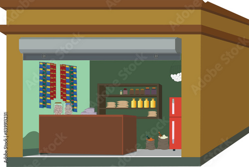 Indian rural village grocery store shop with grocery items isolated clipart with white background. Asian shop 2d vector illustration