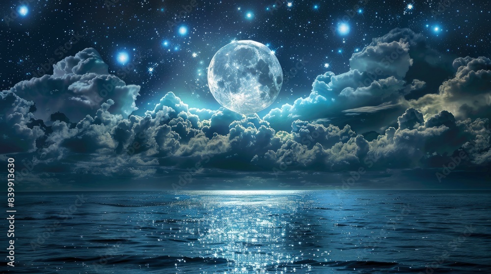 Fototapeta premium Romantic Moon With Clouds And Starry Sky Over Sparkling Blue Water, generative ai