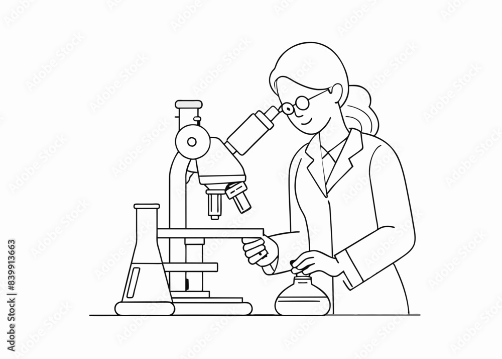 One line drawing of scientist working using microscope. Research and science concept - line art illustration.
One line drawing of scientist working using microscope. Research and science concept - line art illustration.
