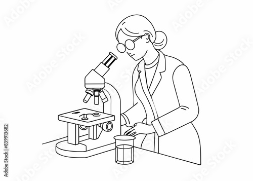 One line drawing of scientist working using microscope. Research and science concept - line art illustration.
