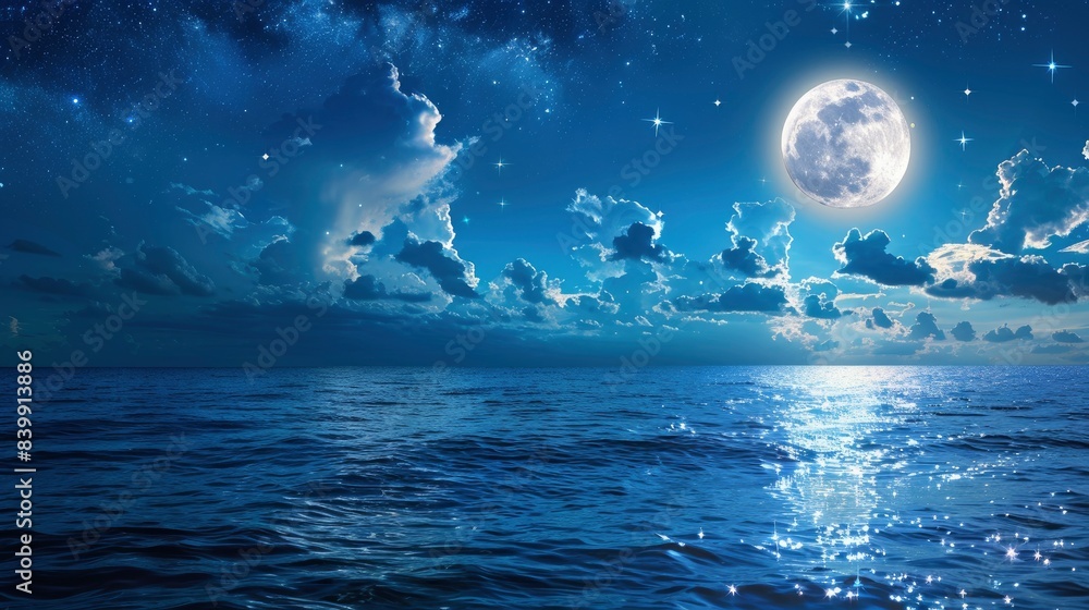Romantic Moon With Clouds And Starry Sky Over Sparkling Blue Water, generative ai Romantic Moon With Clouds And Starry Sky Over Sparkling Blue Water, generative ai