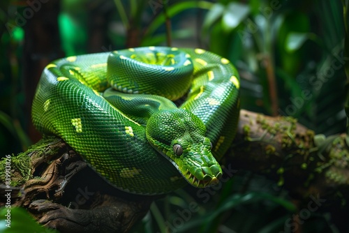 A Vivid image of a green tree python coiled on a branch in a lush, verdant jungle setting. photo