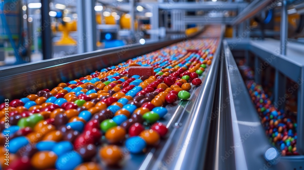 Close-up of a conveyor belt filled with colorful candies, captured in a modern food processing plant, showcasing the production line Close-up of a conveyor belt filled with colorful candies, captured in a modern food processing plant, showcasing the production line