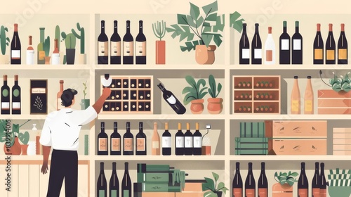 Flat illustration of a wine cellar with a sommelier selecting wine, symbolizing wine culture and elegance, with space for text