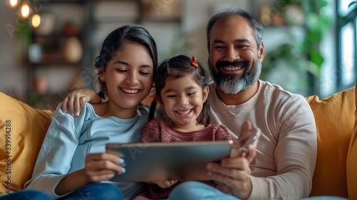 Portrait of a happy Peruvian Latin family with Peruvian little daughter using a digital tablet : Generative AI
