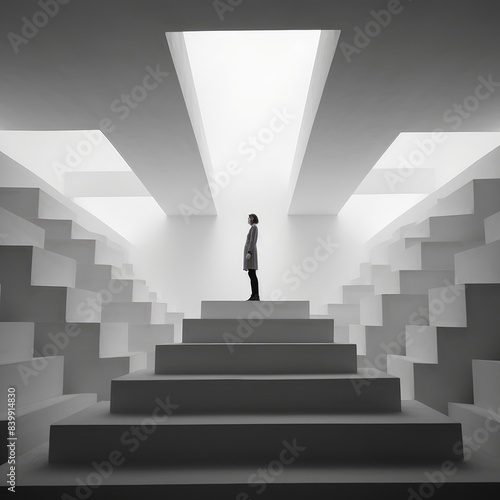 Woman ascending modern architectural stairs with monochrome filter. Young people standing at staircases and prepare for walking to office or workplace. Minimalist and conceptual design. AIG35. © Summit Art Creations