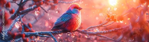 Exotic Alien Bird, Feathered, Multi-colored, Perched on Floating Crystal Branches, Under The Radiant Light of A Triple Sun, 3D Render, Golden Hour Lighting photo