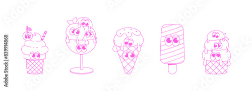 Funky ice cream mascot with cute faces, feets and hands. Funny character dessert cliparts in groovy style. Vector surrealism illustration