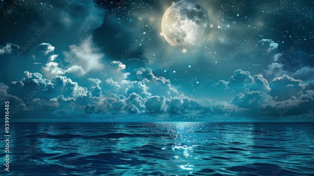 Romantic Moon With Clouds And Starry Sky Over Sparkling Blue Water, generative ai Romantic Moon With Clouds And Starry Sky Over Sparkling Blue Water, generative ai