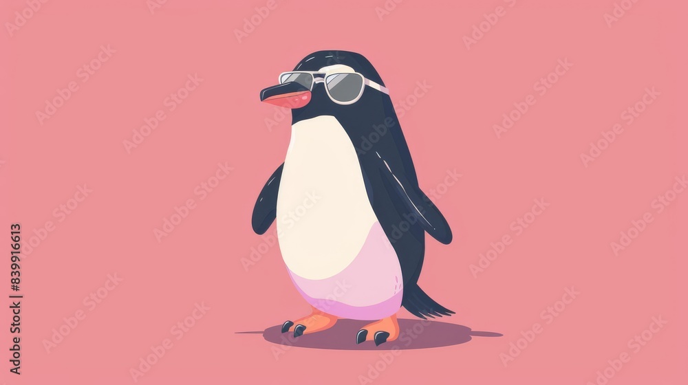 Fototapeta premium Cute penguin wearing sunglasses standing on a pink background.