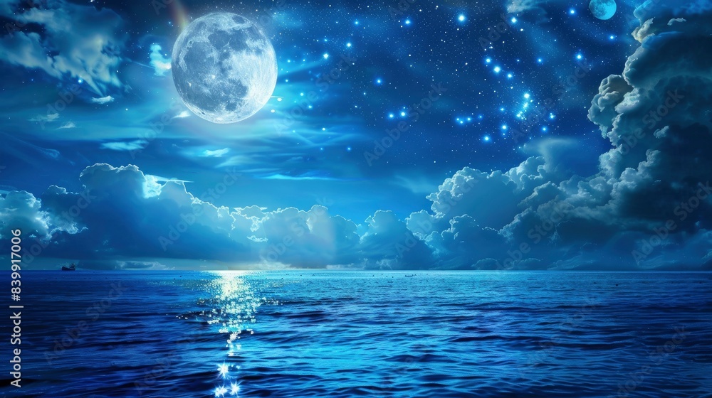 Fototapeta premium Romantic Moon With Clouds And Starry Sky Over Sparkling Blue Water, generative ai