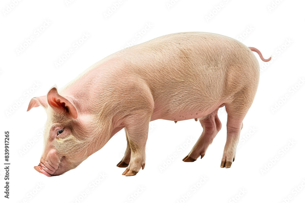 A pig standing and looking down, isolated on transparent background, perfect for agricultural themes. A pig standing and looking down, isolated on transparent background, perfect for agricultural themes.