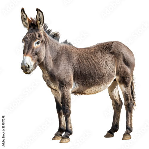 A high-resolution image of a brown donkey standing isolated on a plain white background, ideal for various agricultural and animal-themed uses. © Jenjira