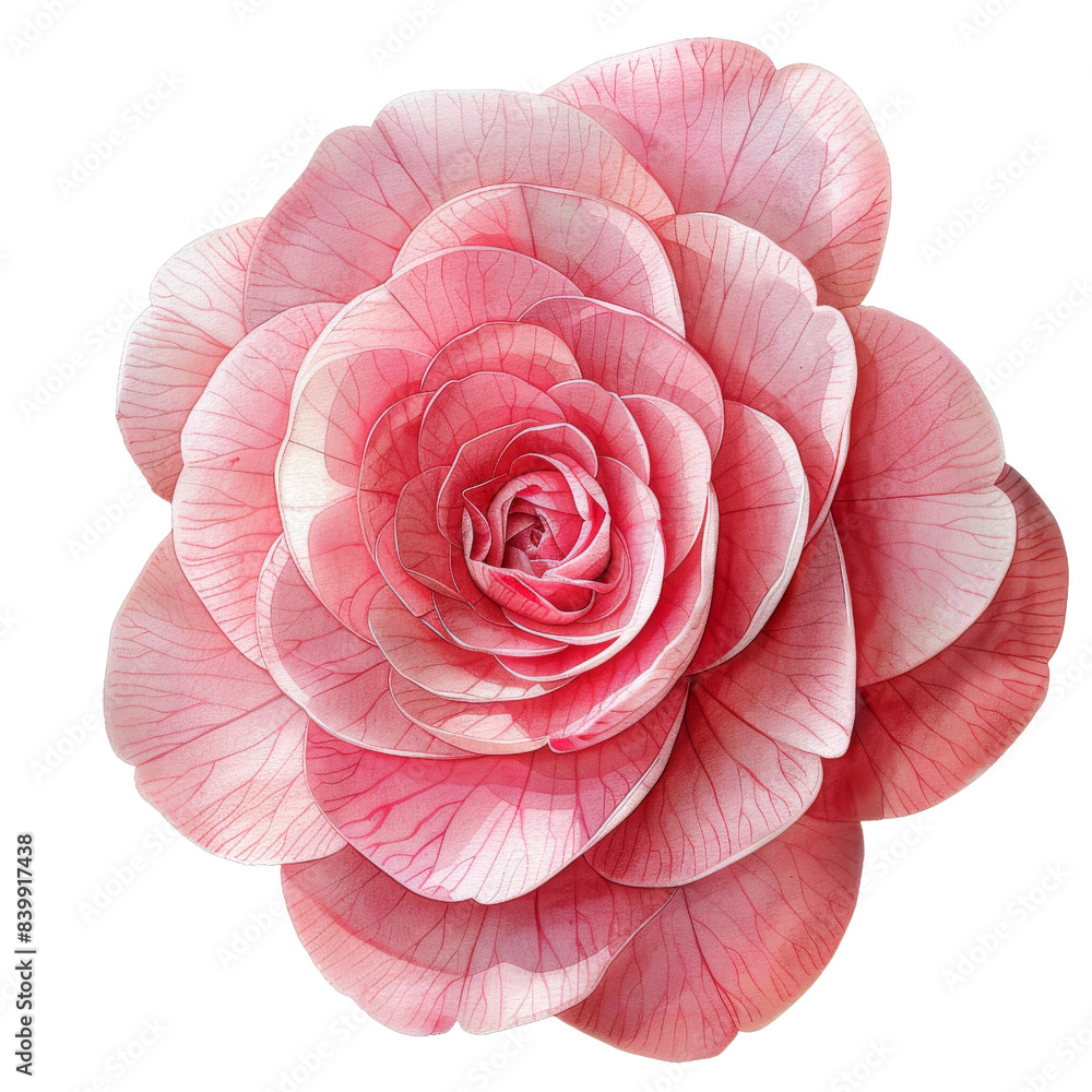 Beautiful close-up of a fully bloomed pink camellia flower, showcasing intricate petals and delicate color gradients on a white background. Beautiful close-up of a fully bloomed pink camellia flower, showcasing intricate petals and delicate color gradients on a white background.