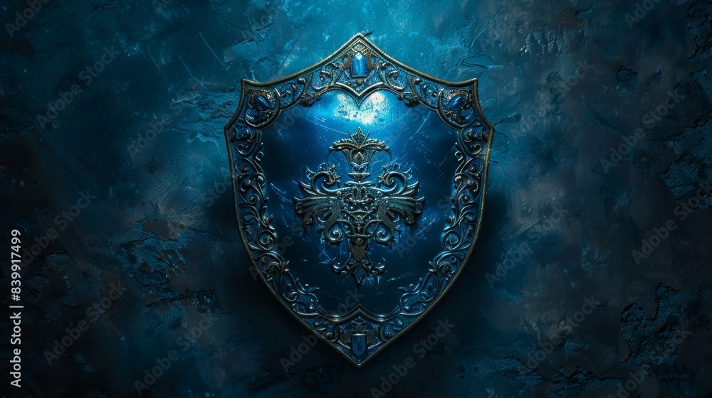 Blue shield with elaborate carvings, illuminated by radiant light beams, exuding an aura of ageless wisdom and strength Blue shield with elaborate carvings, illuminated by radiant light beams, exuding an aura of ageless wisdom and strength