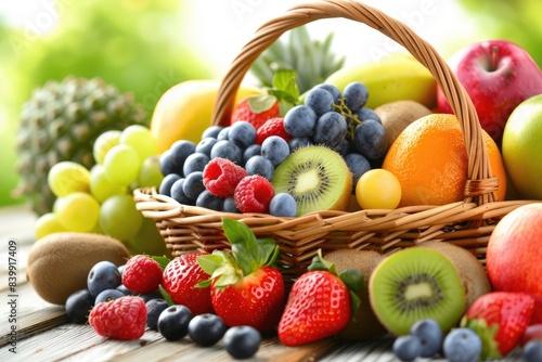 Abundant basket holding various fruits and berries of different colors and sizes