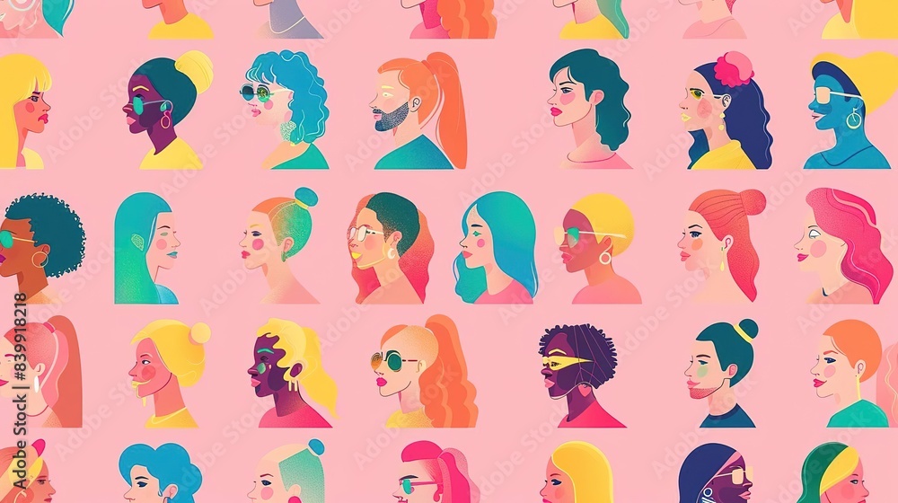 Colorful illustration of diverse people's faces in profile. Colorful illustration of diverse people's faces in profile.