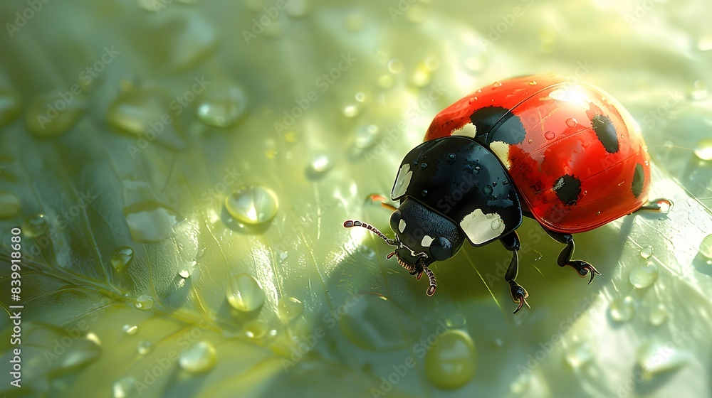 Obraz premium A delightful anime drawing of a cheerful ladybug crawling along a bright green leaf, its vibrant red shell standing out against a clean white background, Generative AI