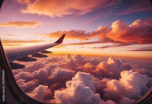 Awe-inspiring sunset sky in a kaleidoscope of fiery red, tangerine, and fuchsia, creating a breathtaking display over the billowing clouds, observed from the cabin of a commercial flight © AmirsCraft