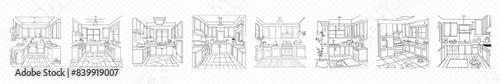 Interior sketch of kitchen room. illustration of kitchen room, Hand drawn kitchen furniture. Vector illustration in sketch style. vector illustration kitchen furniture and equipment.