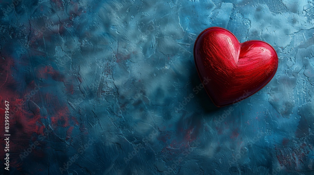 A heart is sitting on a blue wall. The heart is red and has a few lines on it A heart is sitting on a blue wall. The heart is red and has a few lines on it