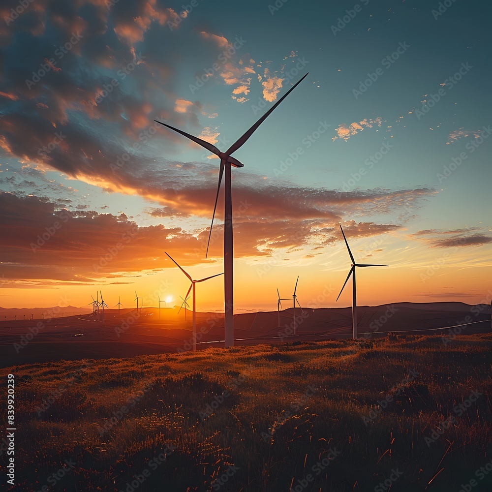 Obraz premium Wind Farm Silhouette at Dramatic Sunset Turbines Spinning to Generate Renewable Energy