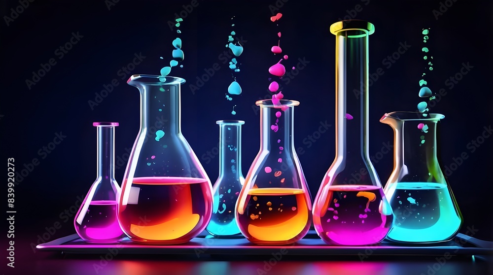 Concepts of science and chemistry. Test tubes, beakers, and neon-colored liquid are displayed against a dark background in this digital lab background. contemporary illustration Concepts of science and chemistry. Test tubes, beakers, and neon-colored liquid are displayed against a dark background in this digital lab background. contemporary illustration